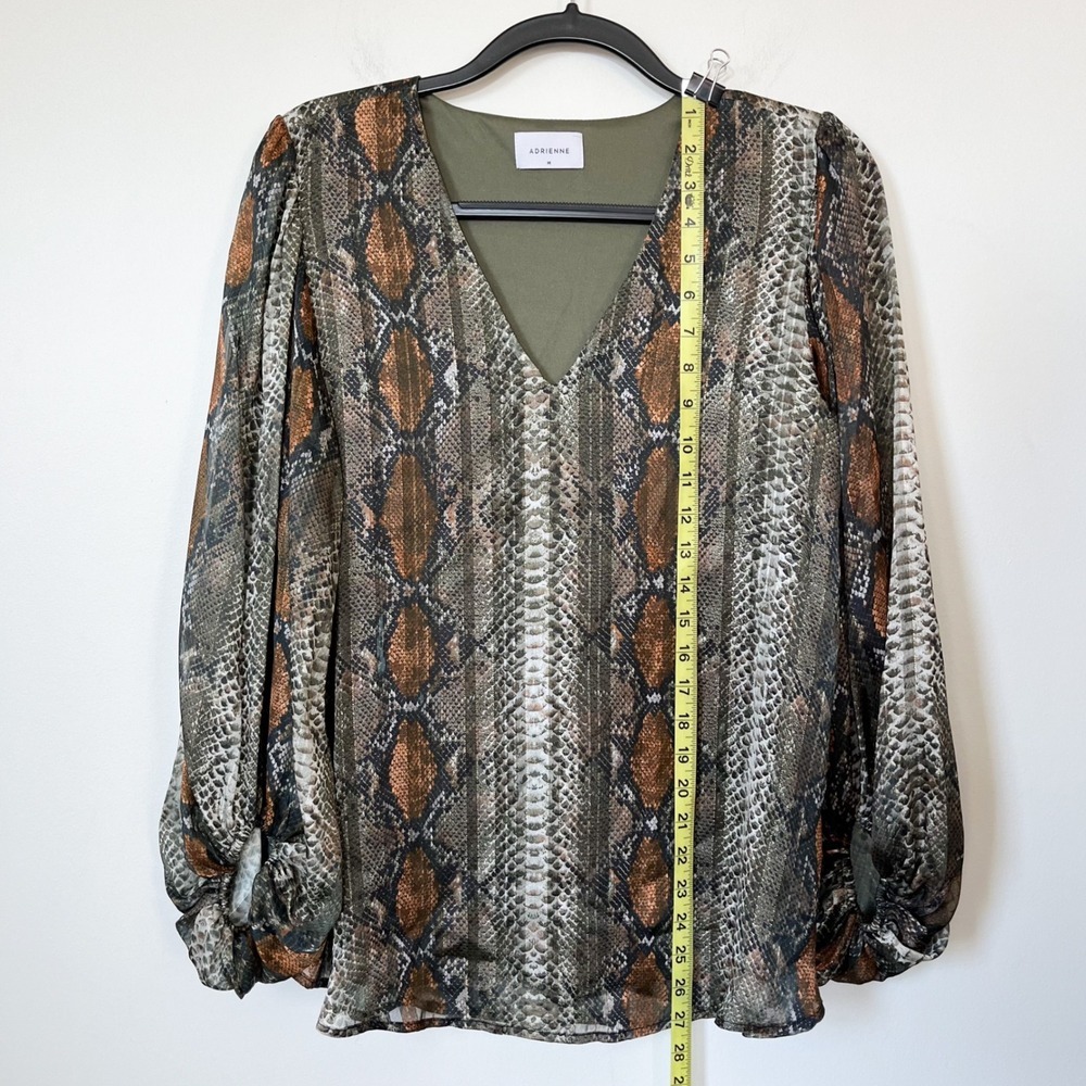 Adrienne Snake Print Balloon‎ Sleeve V-Neck Blouse Womens Medium Green Brown - Picture 6 of 8